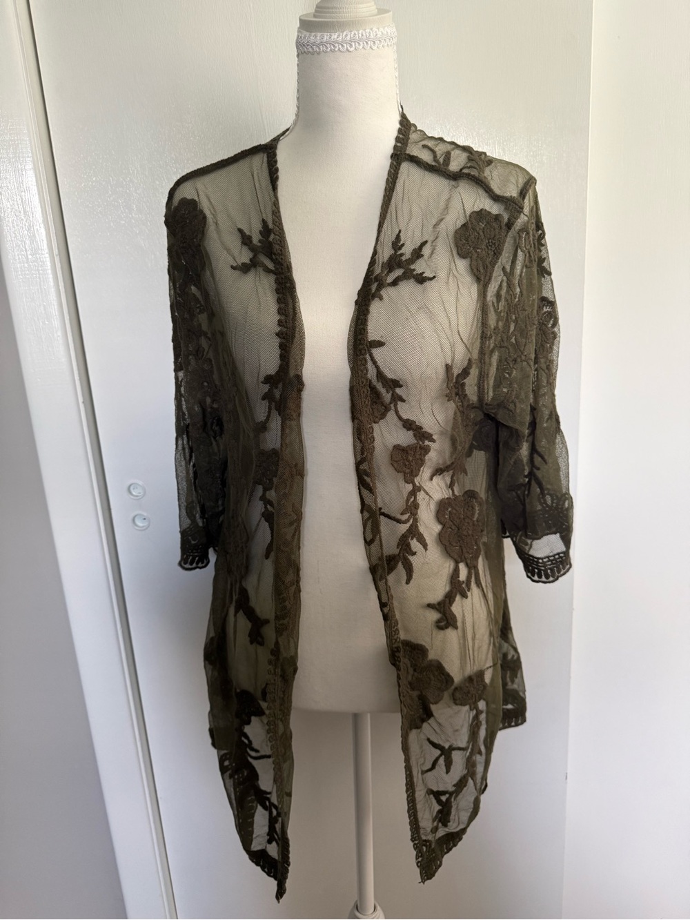 Olive Embroidered Sheer Kimono Top
